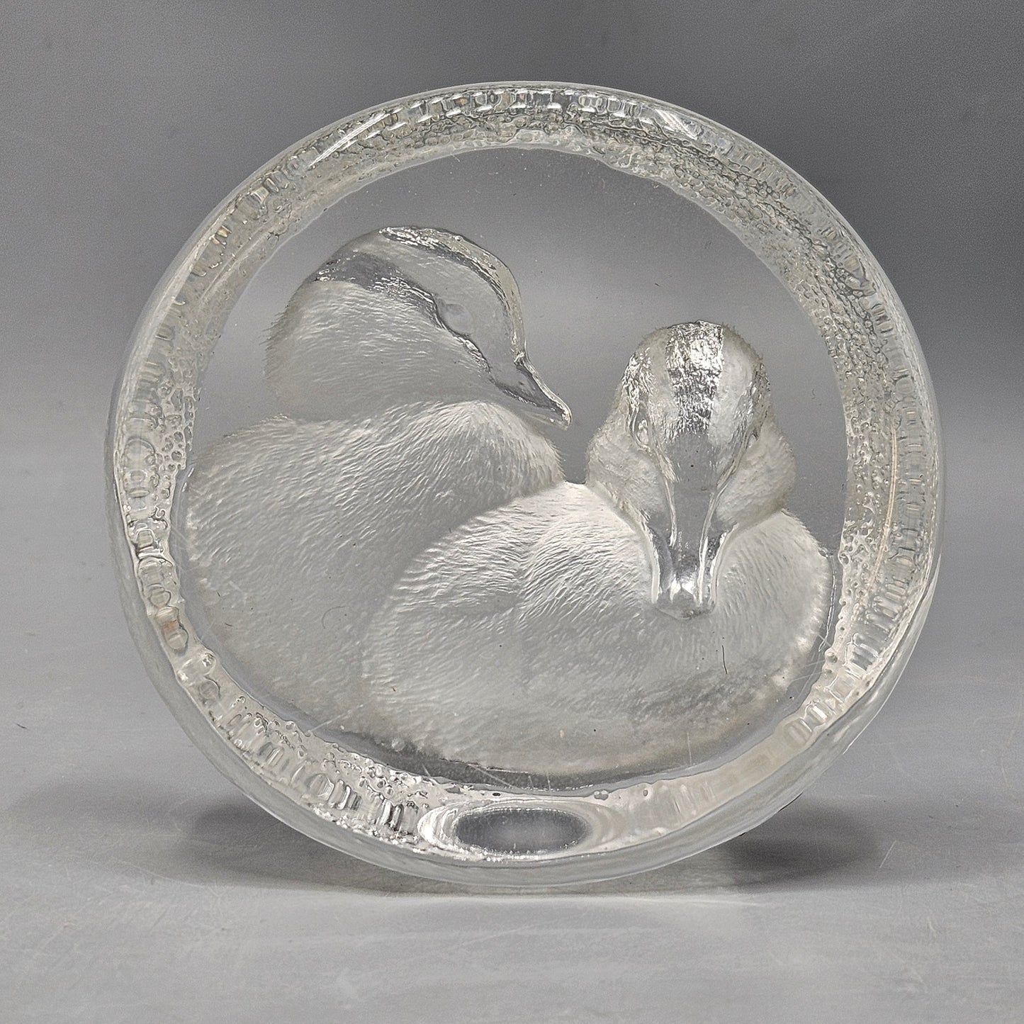 Vintage Signed Mats Jonasson Carved Lead Glass Crystal Ducks Paperweight 3330