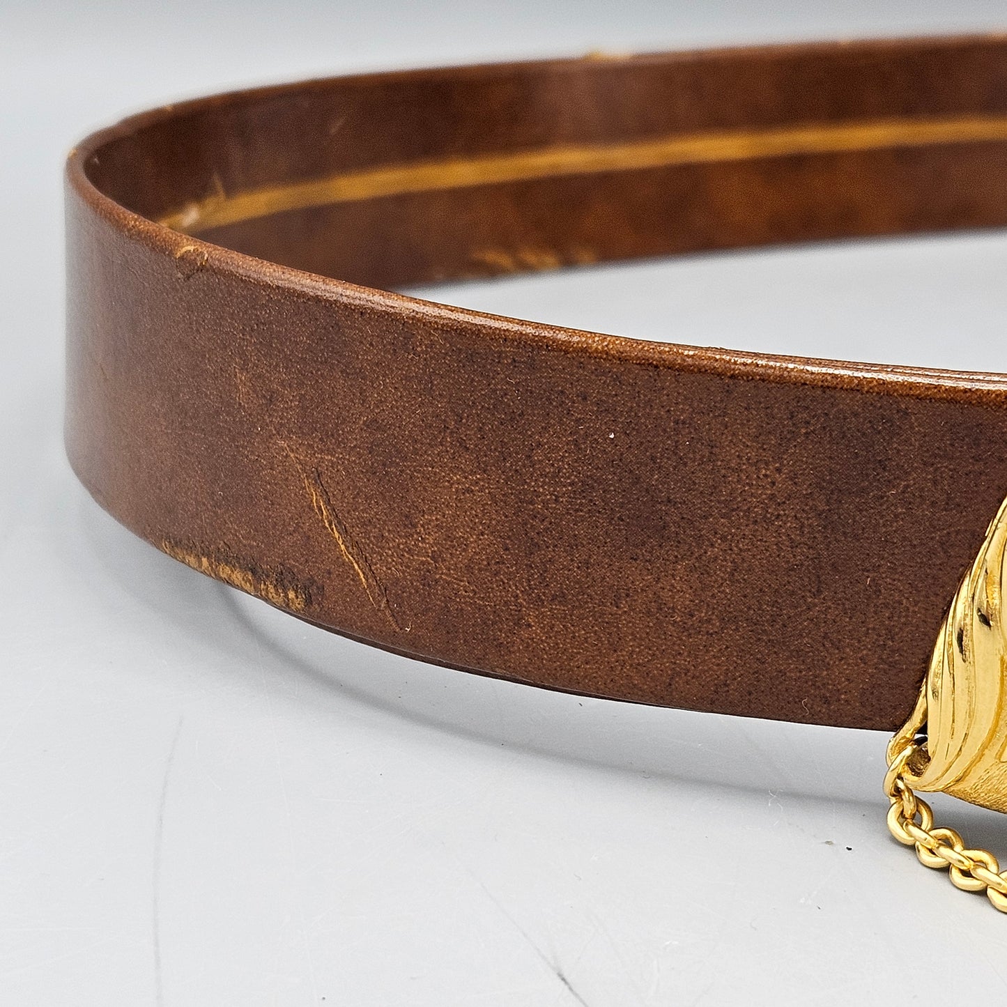 Vintage Gold Toned Horse Buckle Belt with Brown Leather