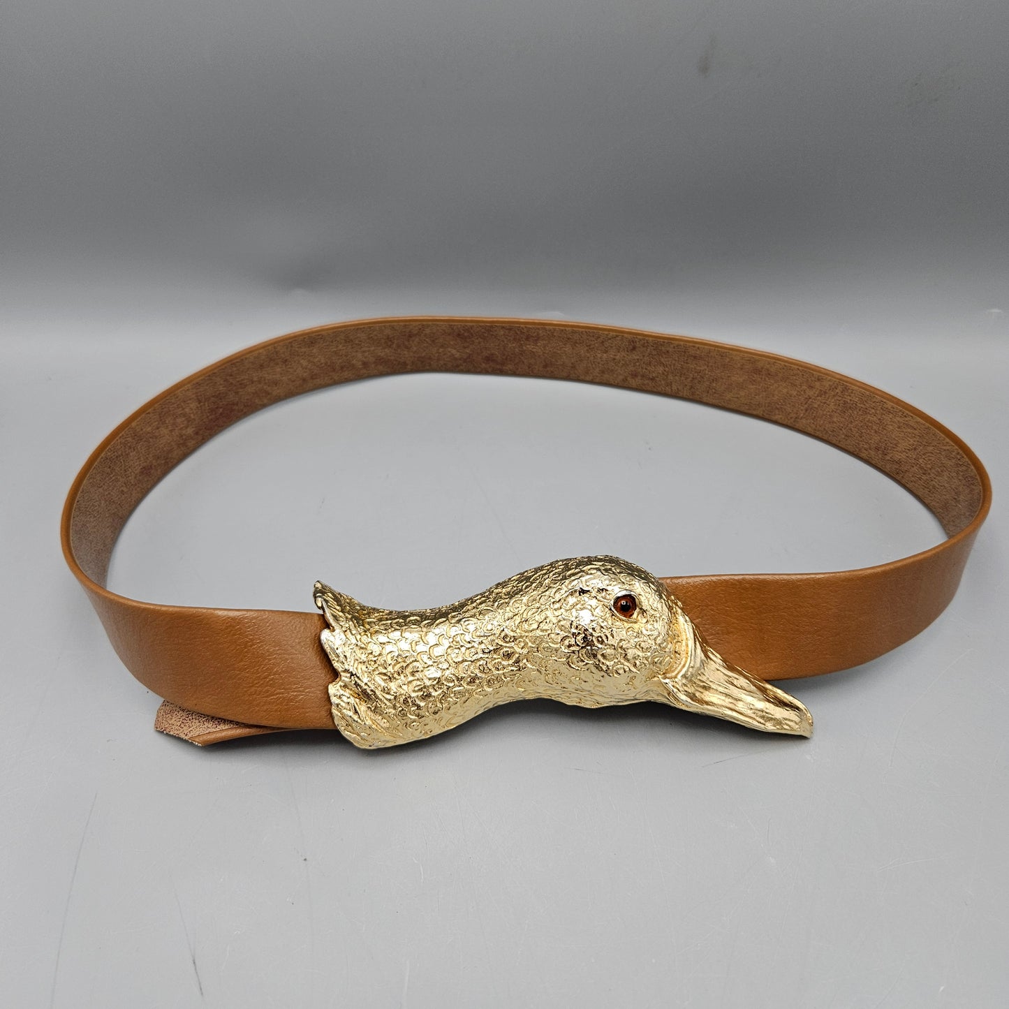 Vintage MiMi Di N Gold Toned Duck Buckle Belt with Brown Leather