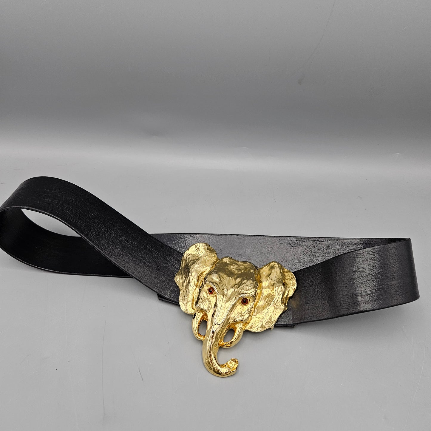 Vintage MiMi Di N Gold Toned Elephant Buckle Belt with Black Leather