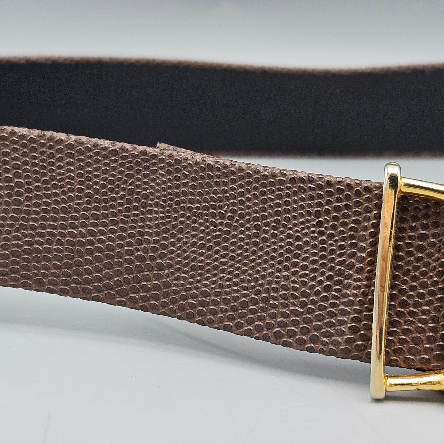 Vintage 1976 MiMi Di N Gold Toned Horse Bit Buckle Belt with Brown Lizard Leather