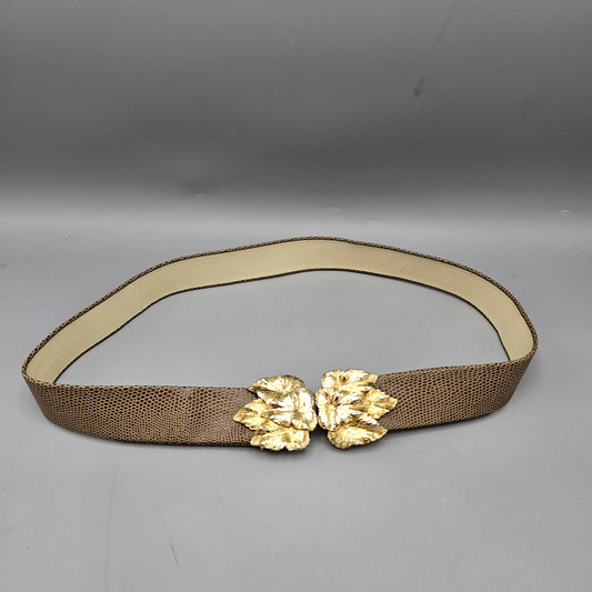 Vintage 1981 MiMi Di N Gold Toned Leaf Buckle Belt with Brown Lizard Leather