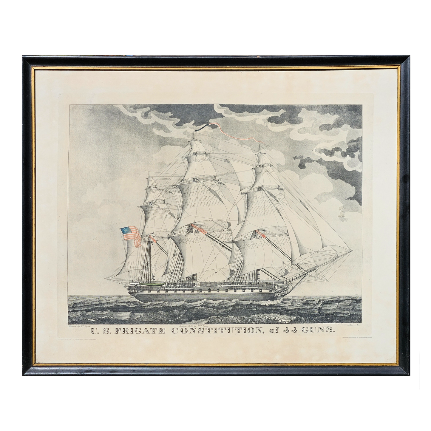 Peabody Museum Reproduction Abel Bowen Lithograph "US Frigate Constitution of 44 Guns" Framed Artwork