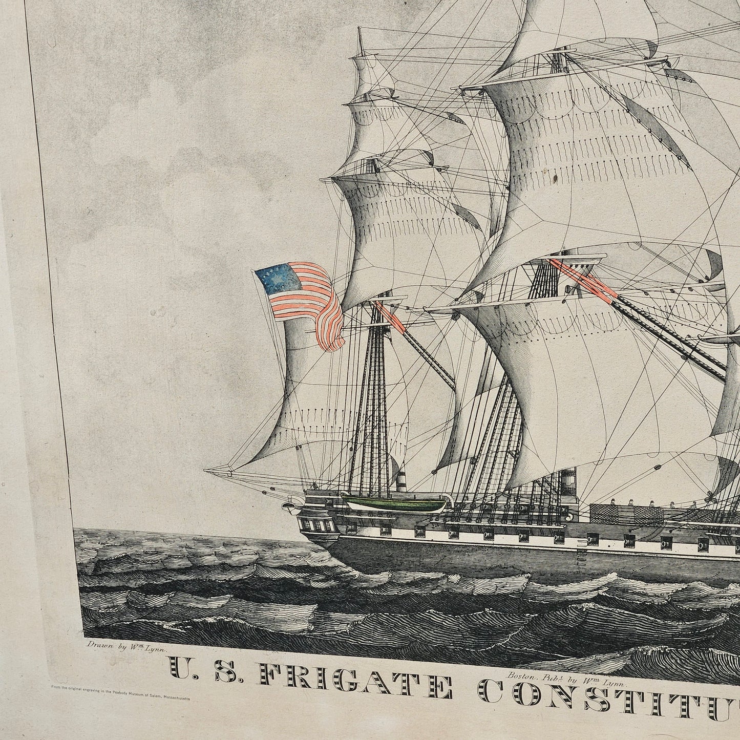 Peabody Museum Reproduction Abel Bowen Lithograph "US Frigate Constitution of 44 Guns" Framed Artwork