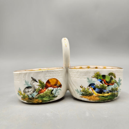 Antique Dresden Porcelain Double Open Salt with Hand-Painted Birds