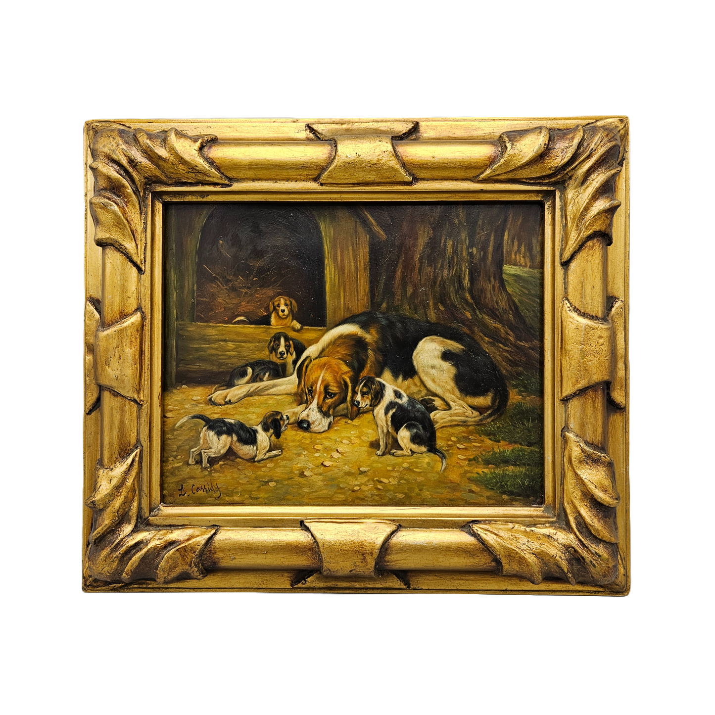 Oil on Board Painting Mother Dog with Puppies