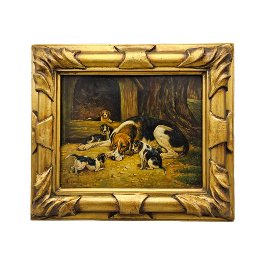 Oil on Board Painting Mother Dog with Puppies