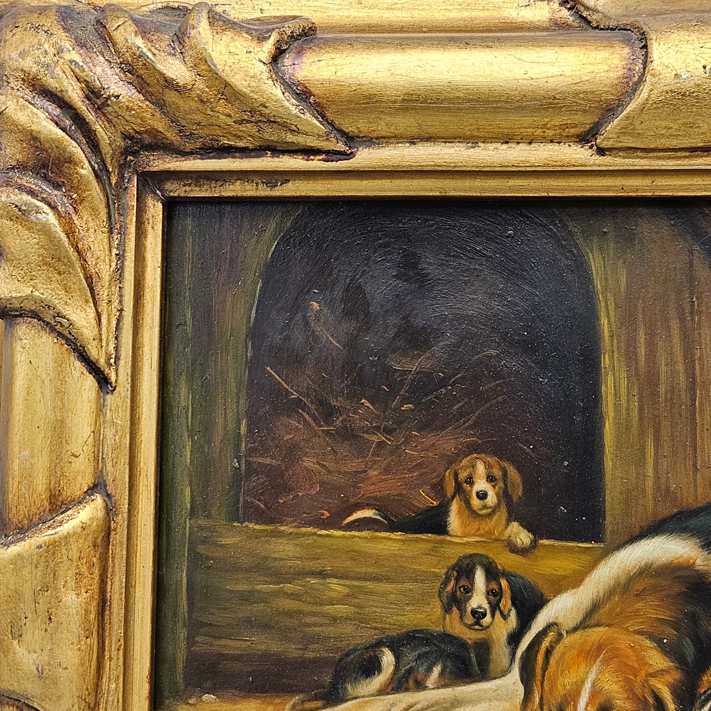 Oil on Board Painting Mother Dog with Puppies