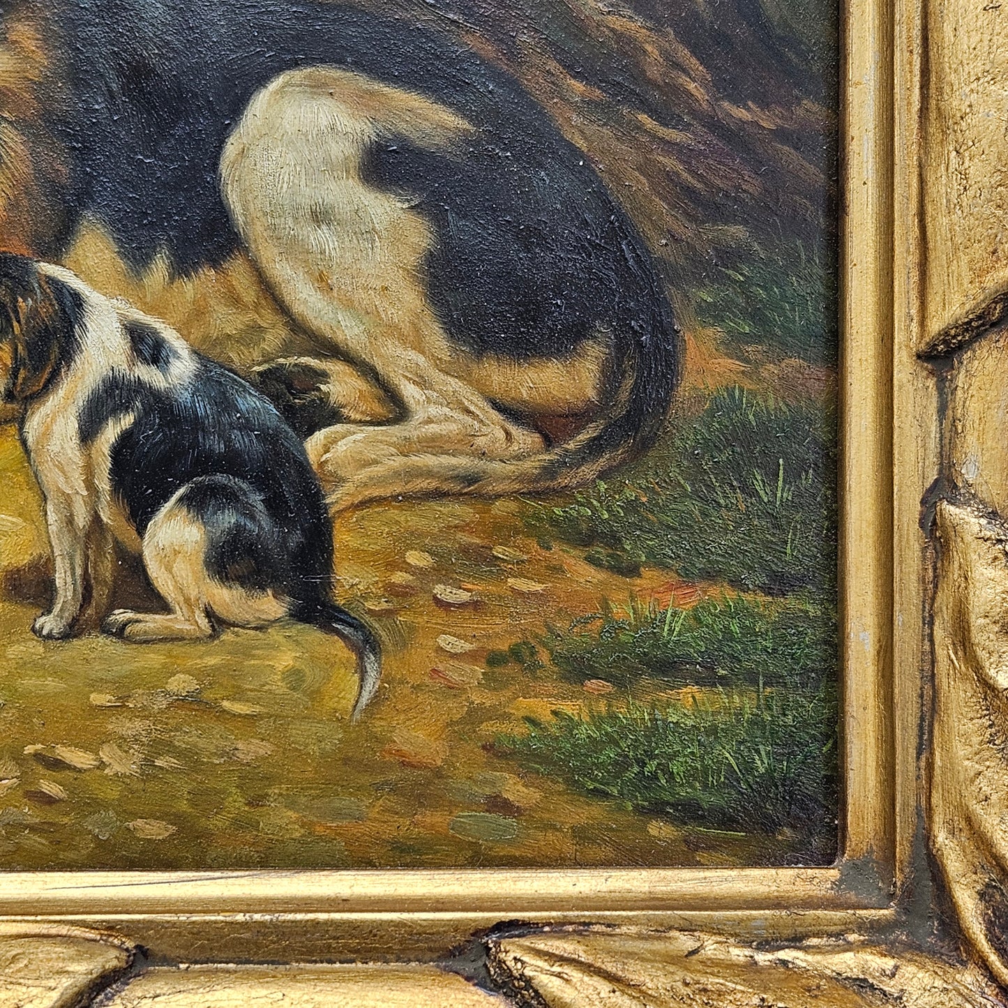 Oil on Board Painting Mother Dog with Puppies