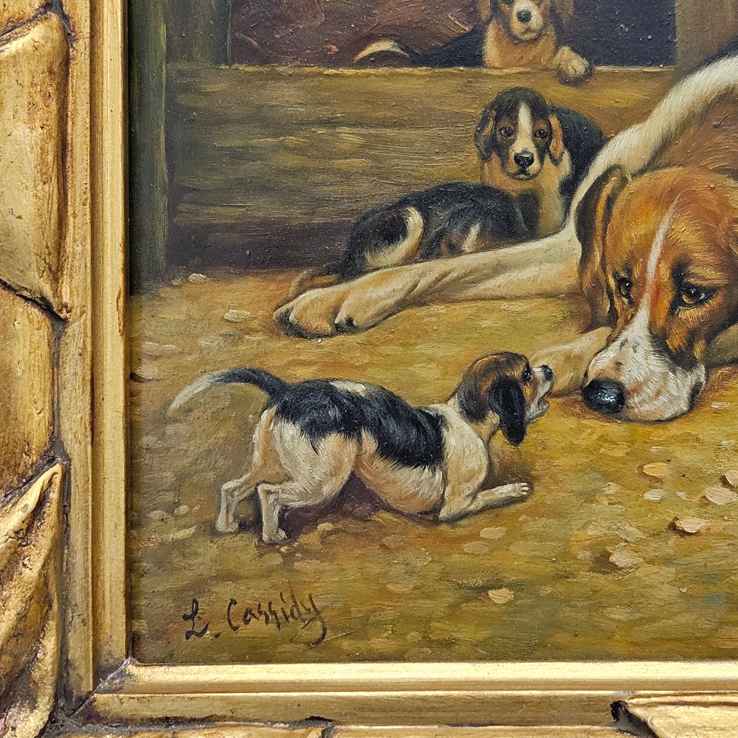 Oil on Board Painting Mother Dog with Puppies