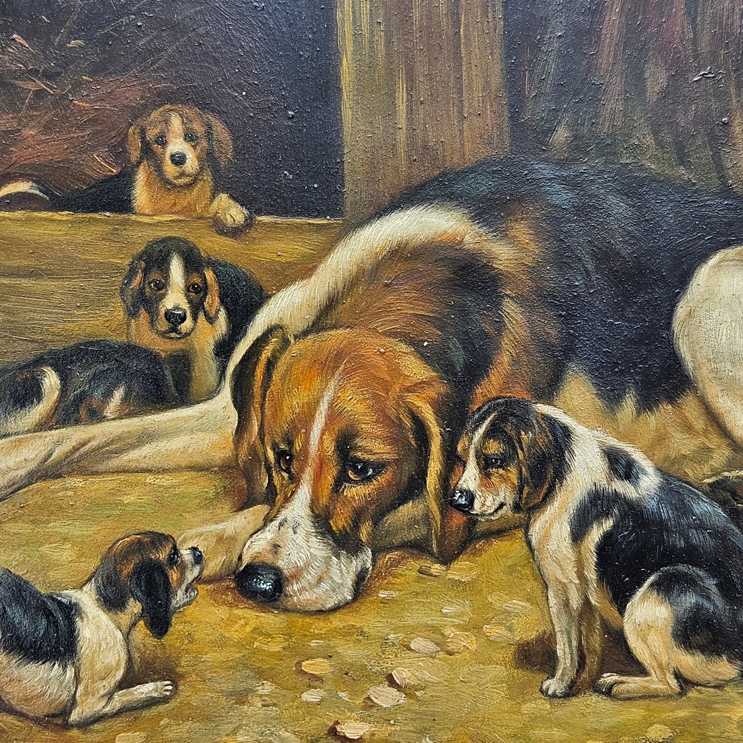 Oil on Board Painting Mother Dog with Puppies