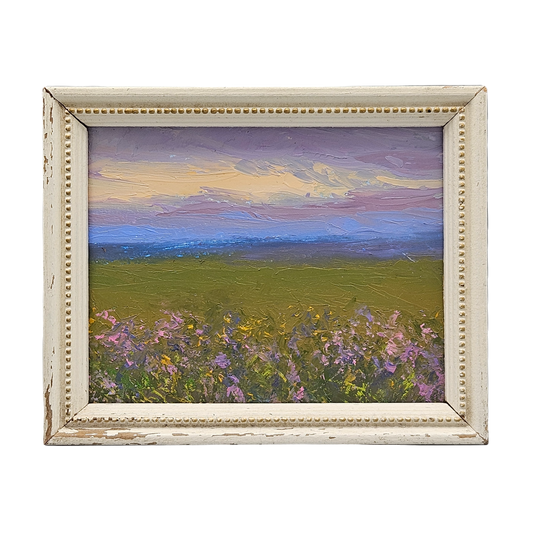 Small Original Landscape Painting with Beautiful Sky in Shabby White Frame