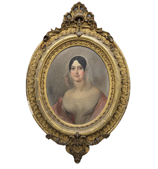 Antique Oil on Board Portrait of a Woman in Oval Frame