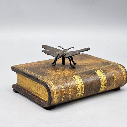 Leather-Wrapped Book-Form Paperweight with Bronze Butterfly - Theodore Alexander