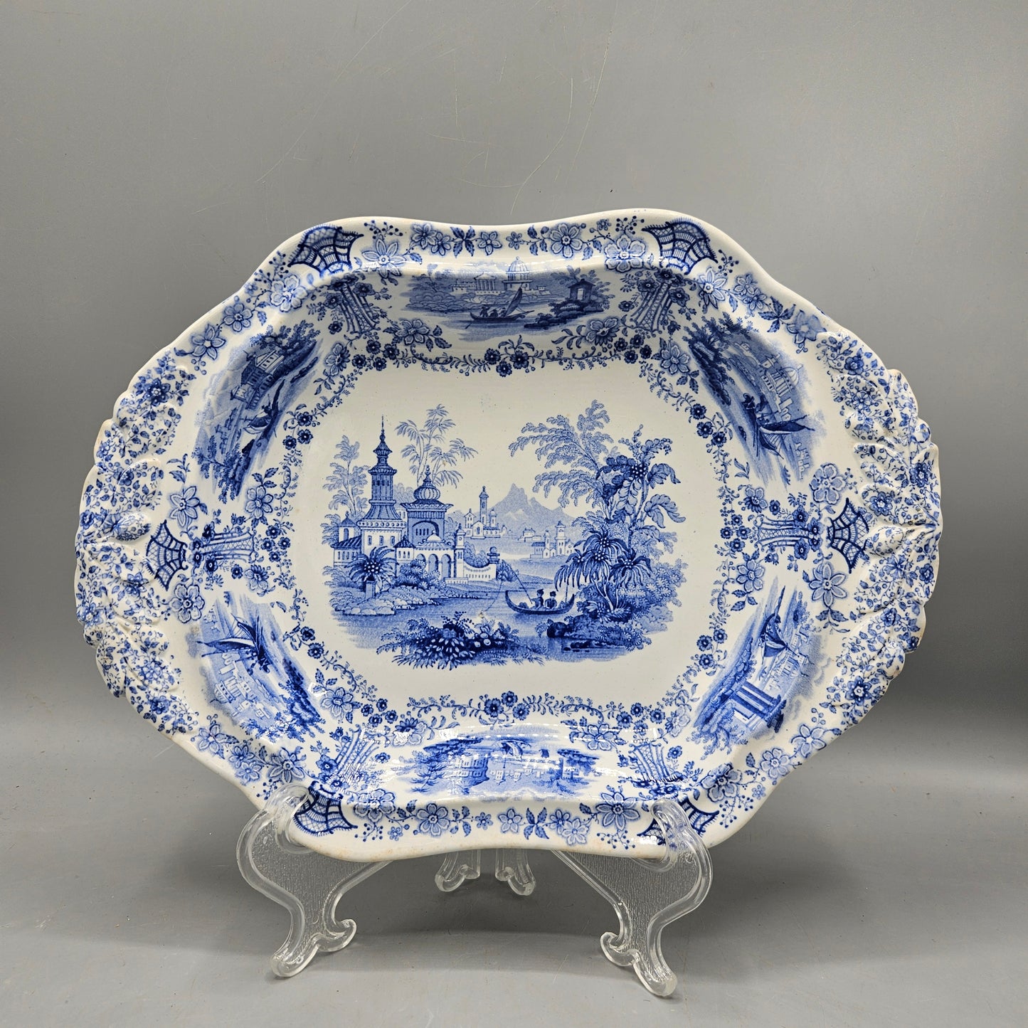 William Ridgeway & Co Blue Staffordshire Transferware "Marmora" Deep Handled Platter