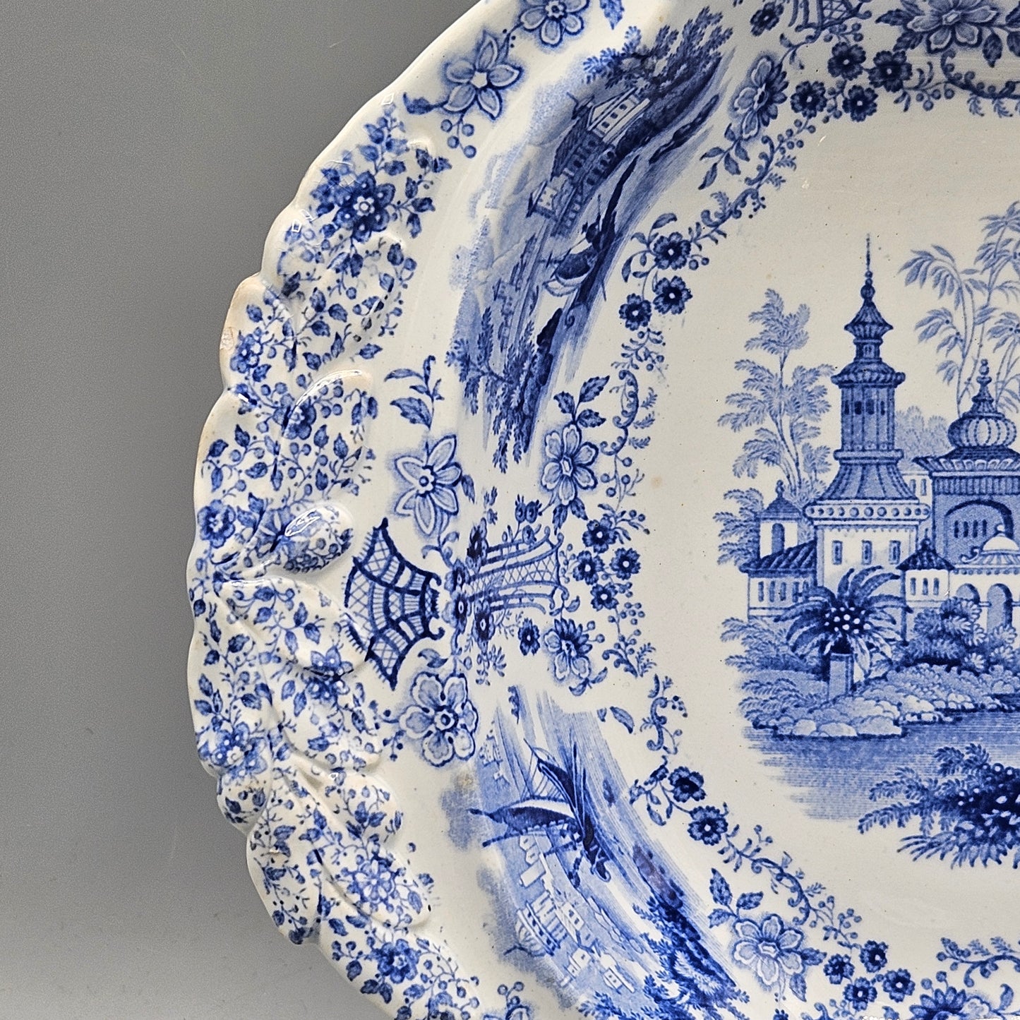 William Ridgeway & Co Blue Staffordshire Transferware "Marmora" Deep Handled Platter