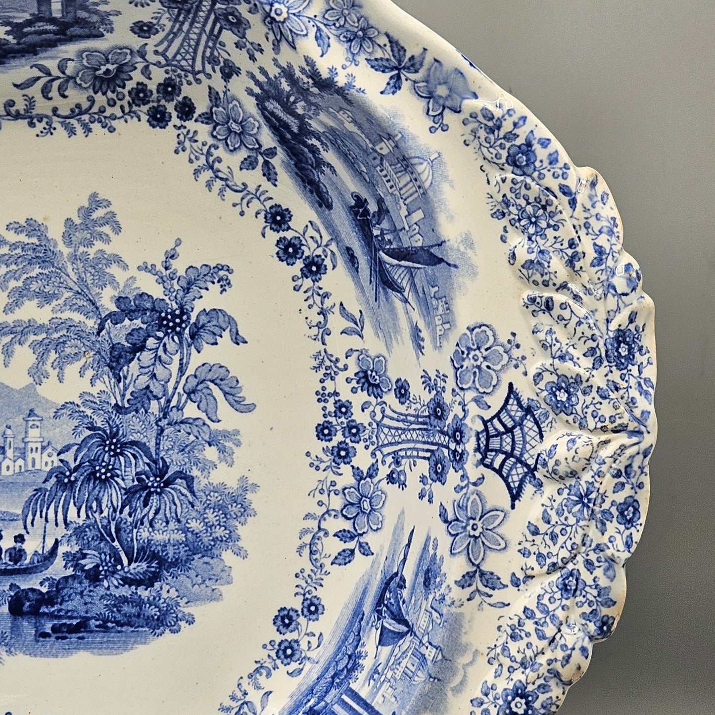 William Ridgeway & Co Blue Staffordshire Transferware "Marmora" Deep Handled Platter