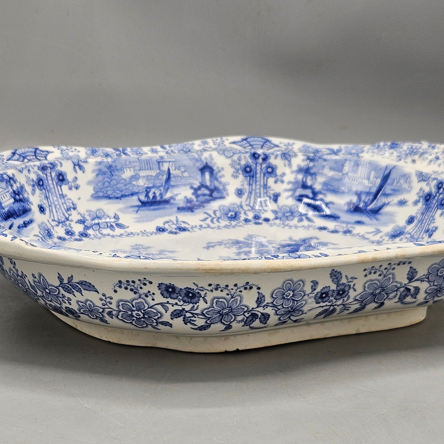 William Ridgeway & Co Blue Staffordshire Transferware "Marmora" Deep Handled Platter