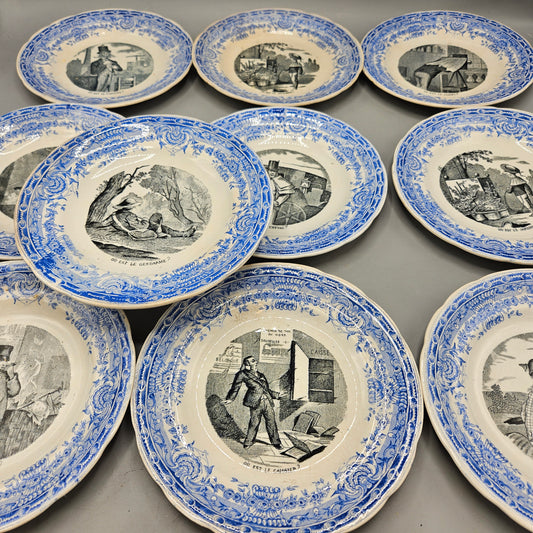 Antique Gien French Transferware Childs Educational Plates - Set of Ten