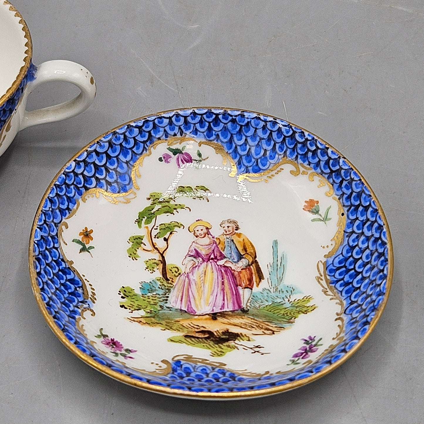 Antique Meissen Porcelain Miniature Cup and Saucer Courting Scene