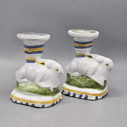 Pair Portuguese Faience Rabbit-Form Candlesticks