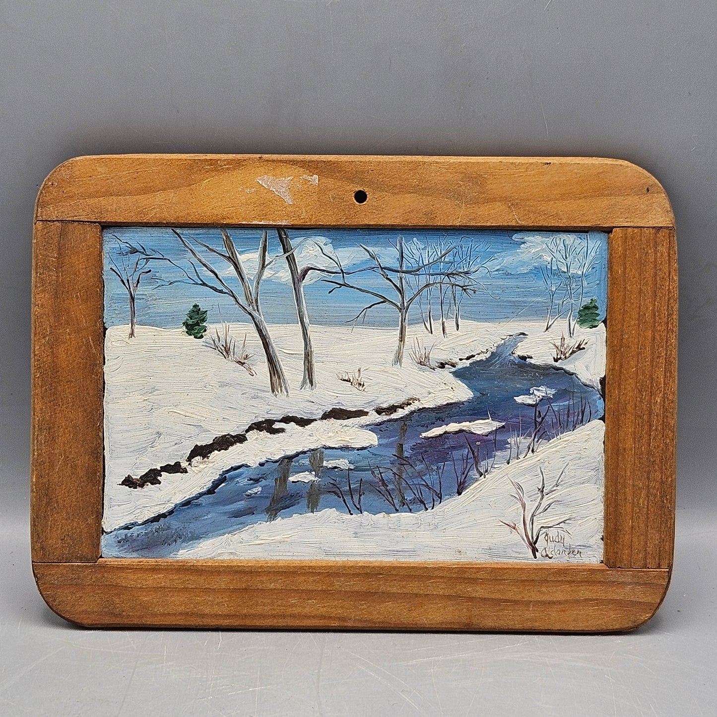 Signed Vintage Winter Scene Painting on Chalk Board