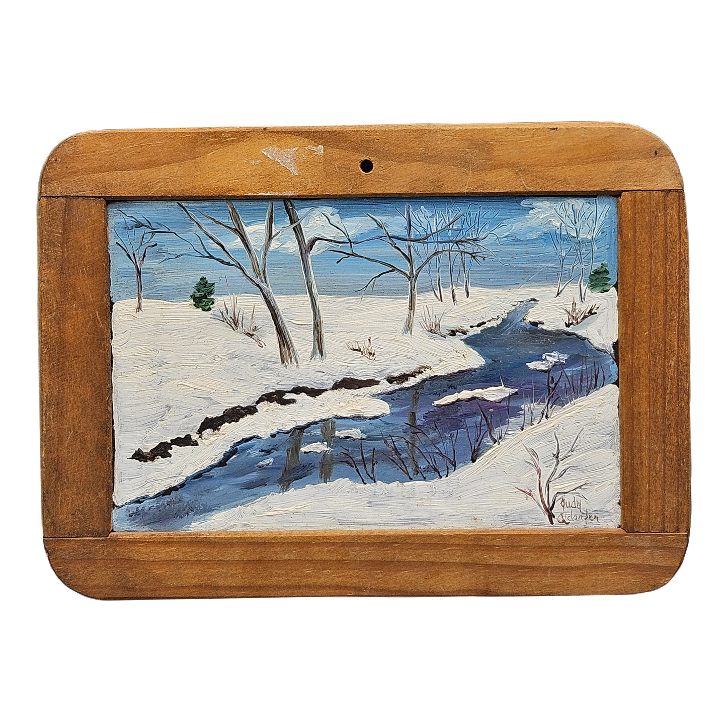 Signed Vintage Winter Scene Painting on Chalk Board