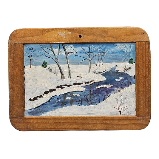 Signed Vintage Winter Scene Painting on Chalk Board