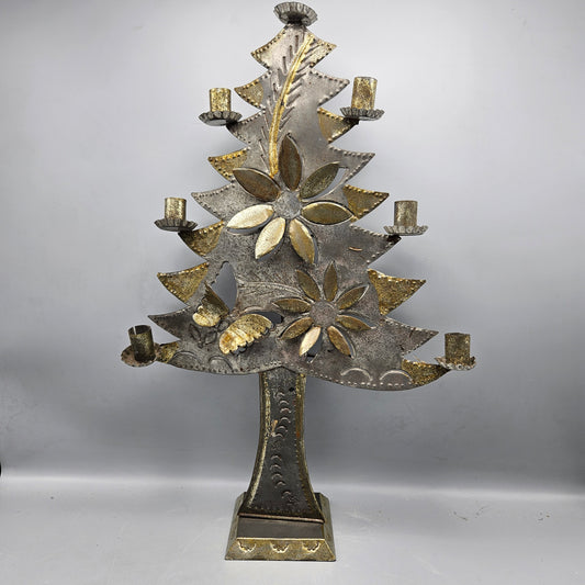 Mexican Pressed Tin Folk Art Christmas Tree Candleholder