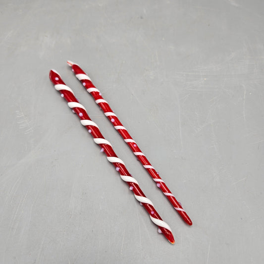 Two Red & White Glass Candy Twist Rods