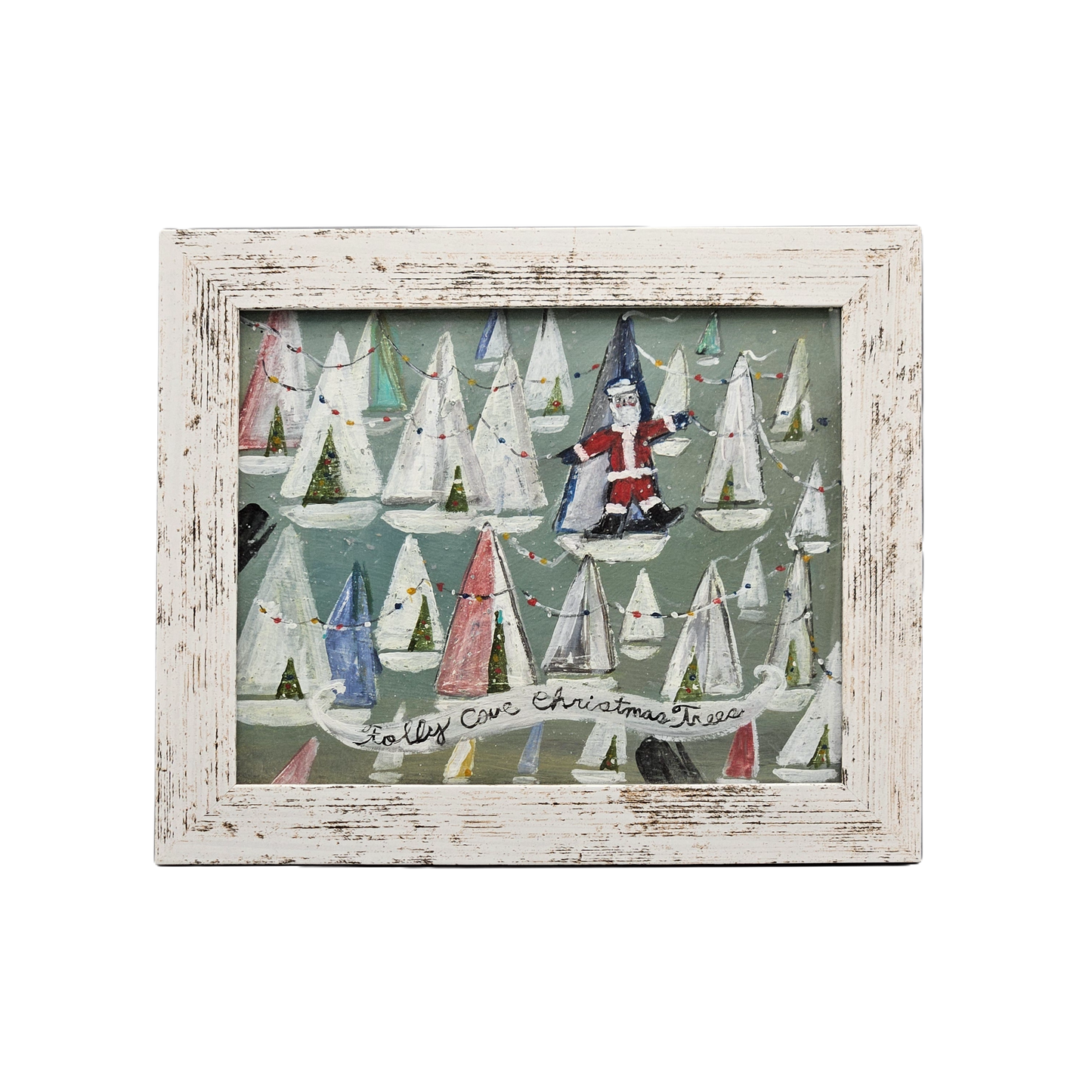 New England Folk Art Original Artwork of Sailboats in White Wooden Frame