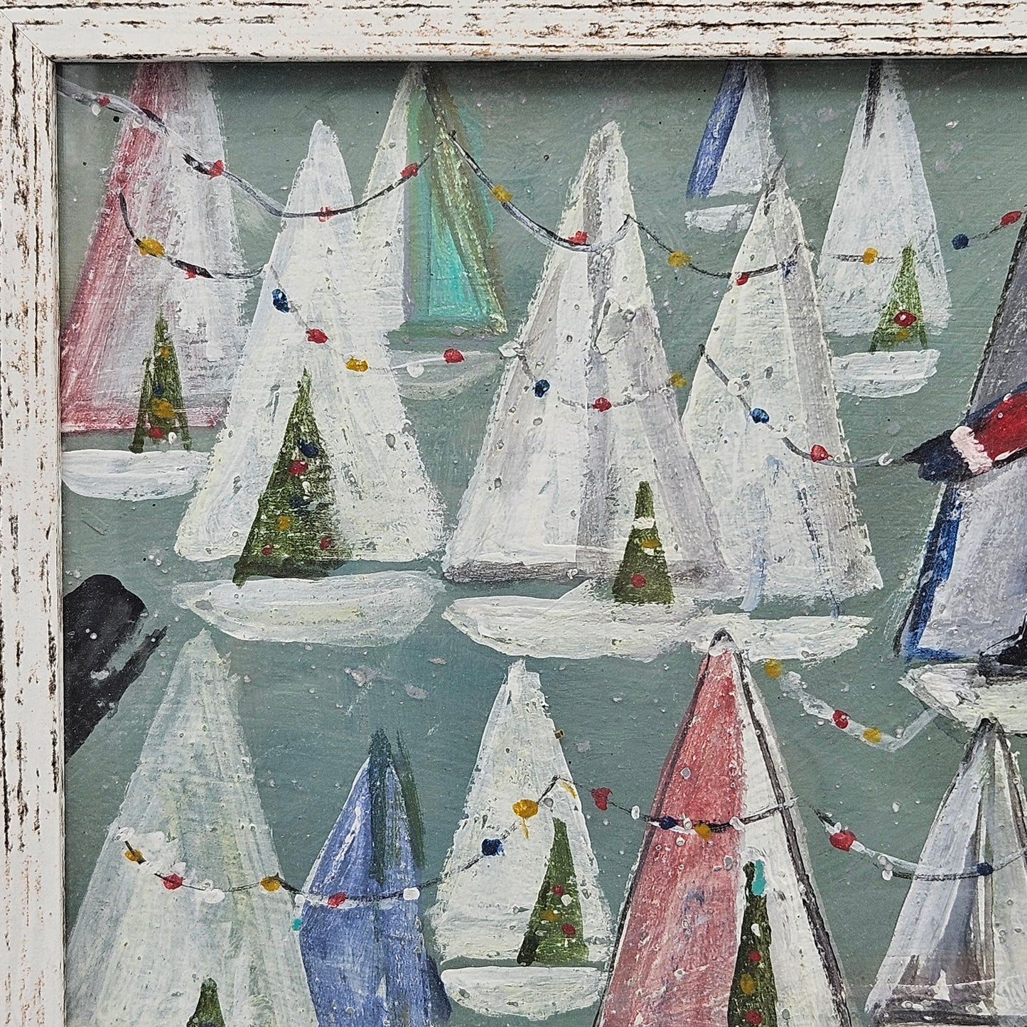 New England Folk Art Original Artwork of Sailboats in White Wooden Frame