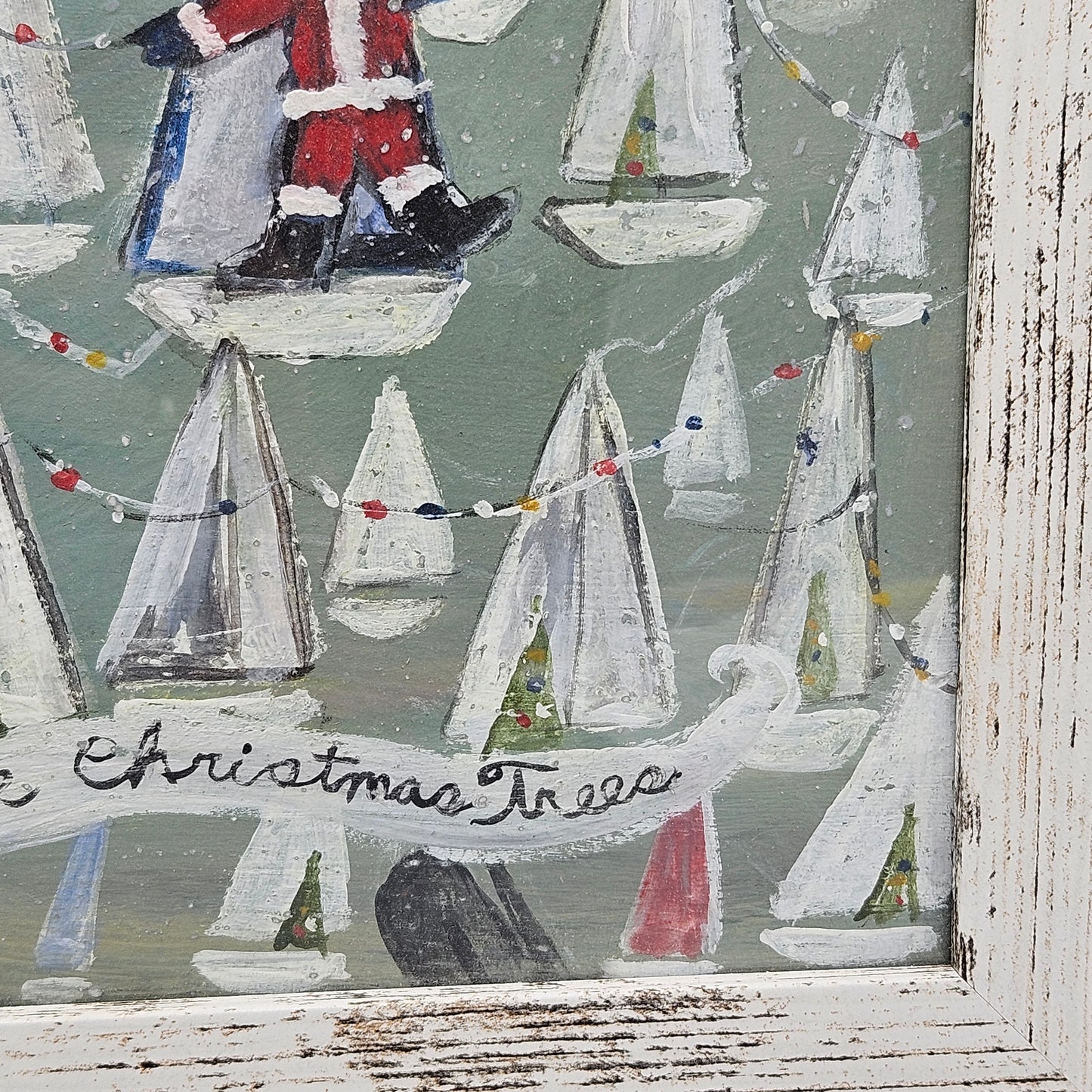 New England Folk Art Original Artwork of Sailboats in White Wooden Frame