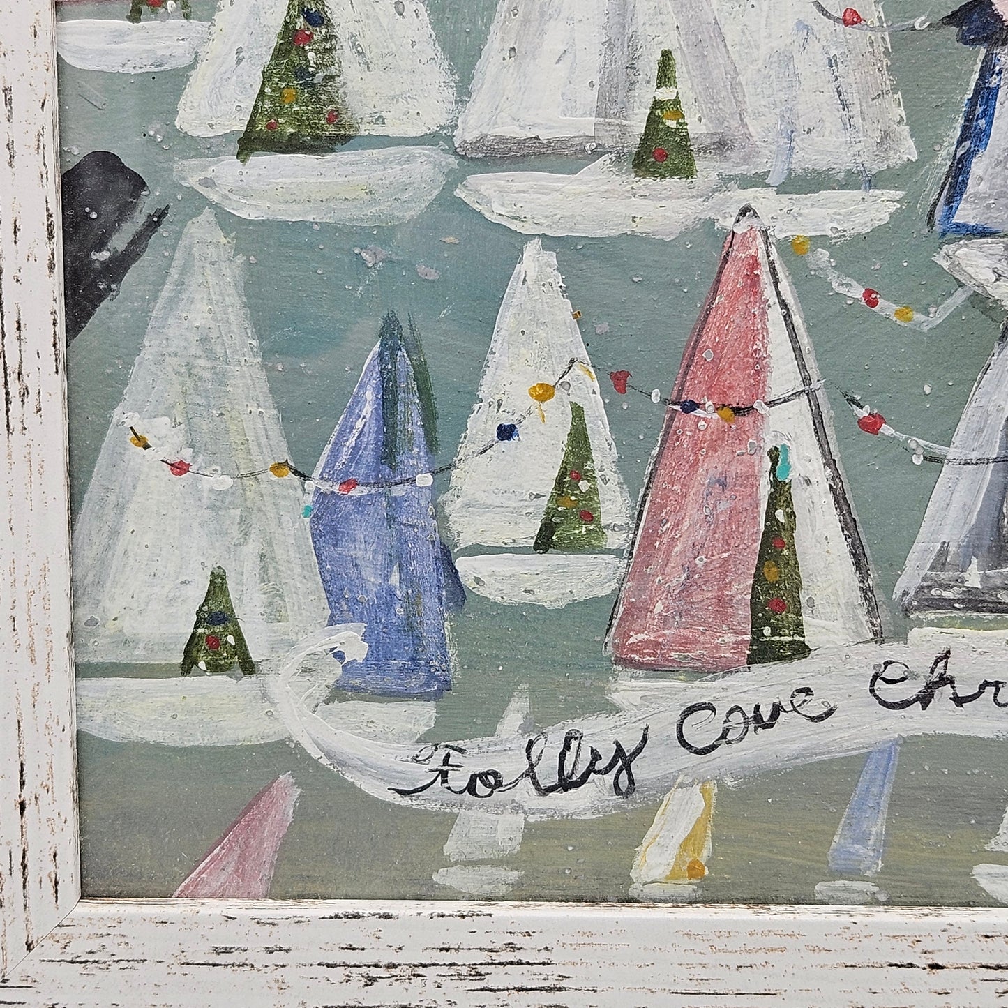 New England Folk Art Original Artwork of Sailboats in White Wooden Frame