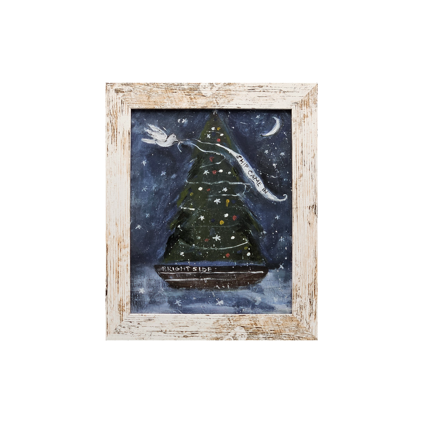 New England Folk Art Original Artwork of Christmas Tree in White Wooden Frame