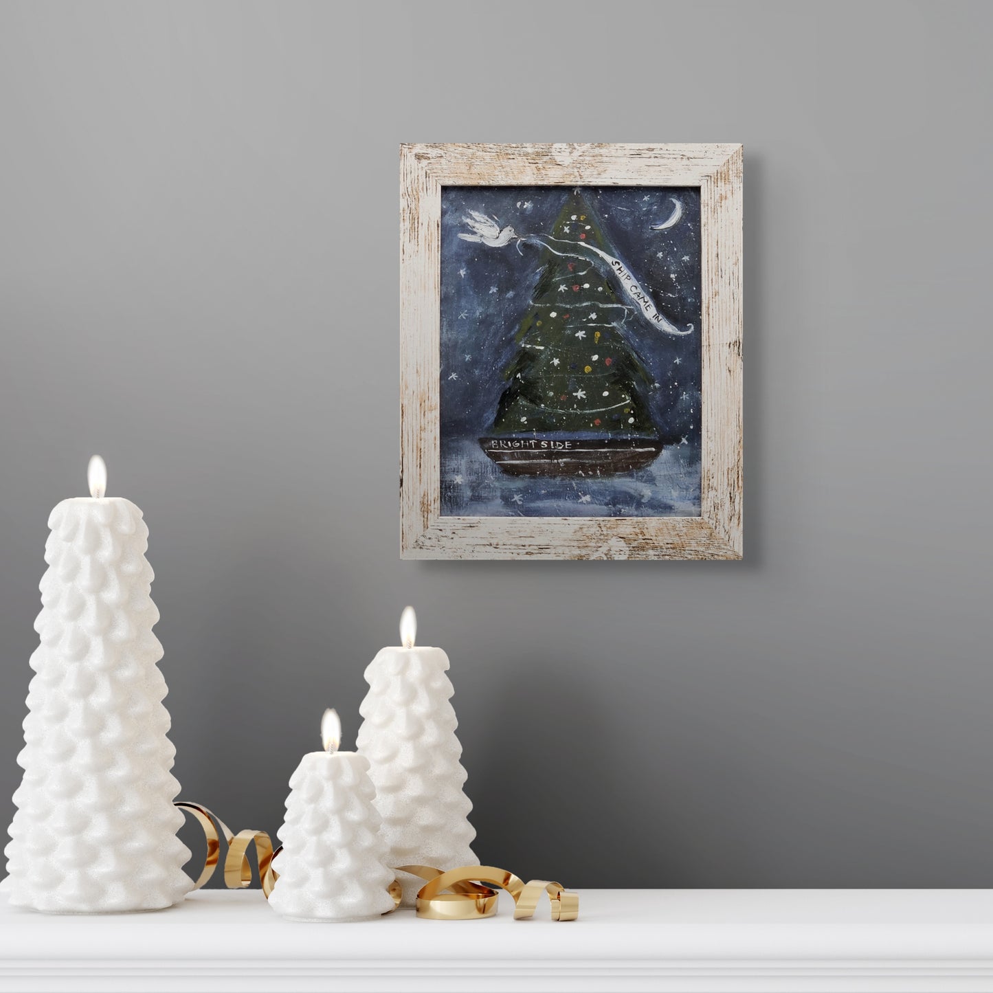 New England Folk Art Original Artwork of Christmas Tree in White Wooden Frame