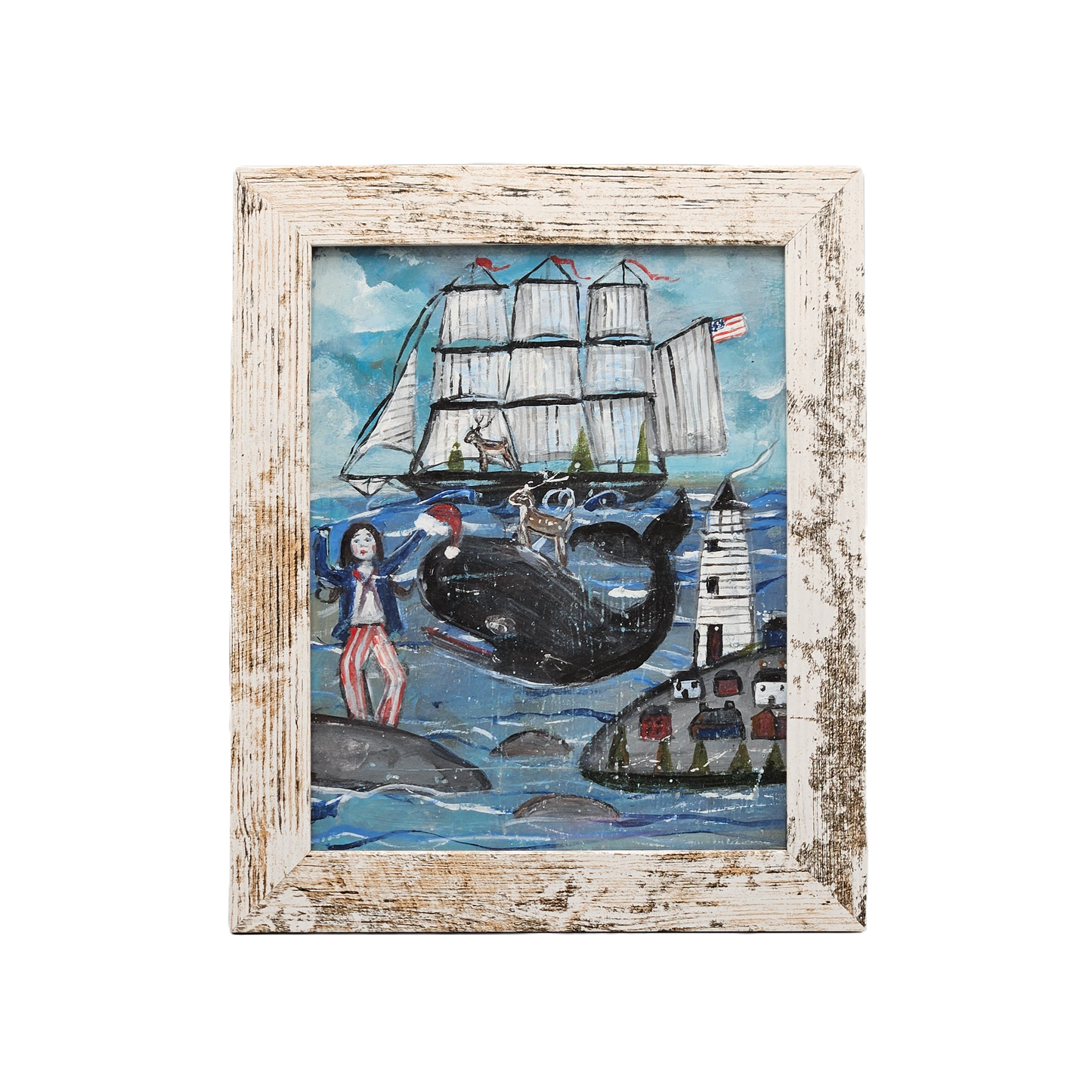 New England Folk Art Original Artwork of Clipper Ship in White Wooden Frame