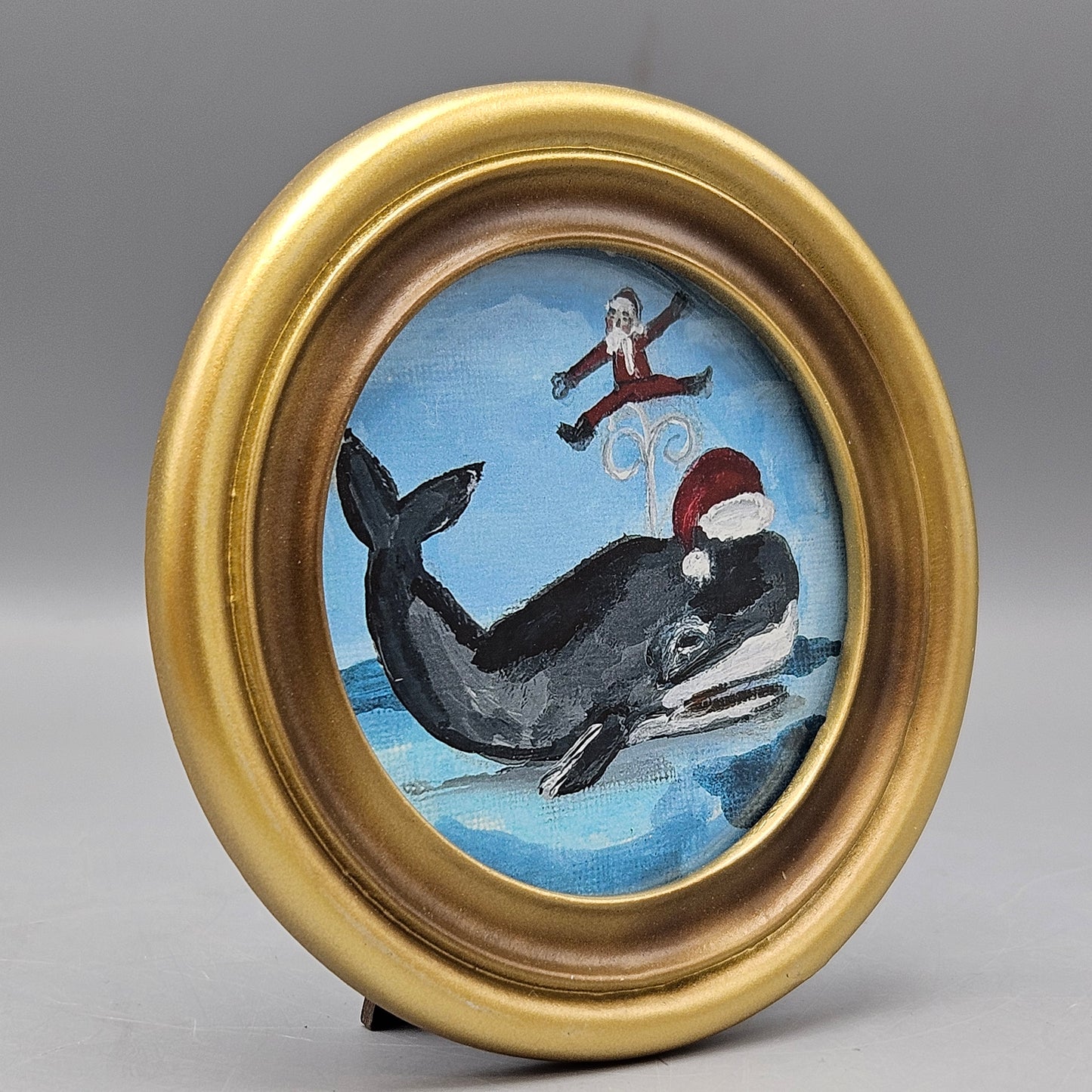 Miniature New England Folk Art Giclée Artwork of Whale in Round Frame