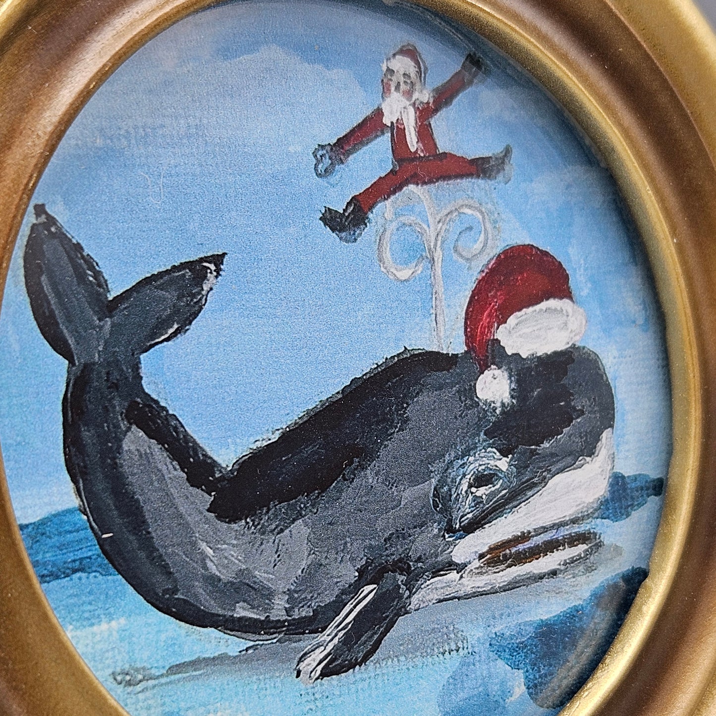 Miniature New England Folk Art Giclée Artwork of Whale in Round Frame