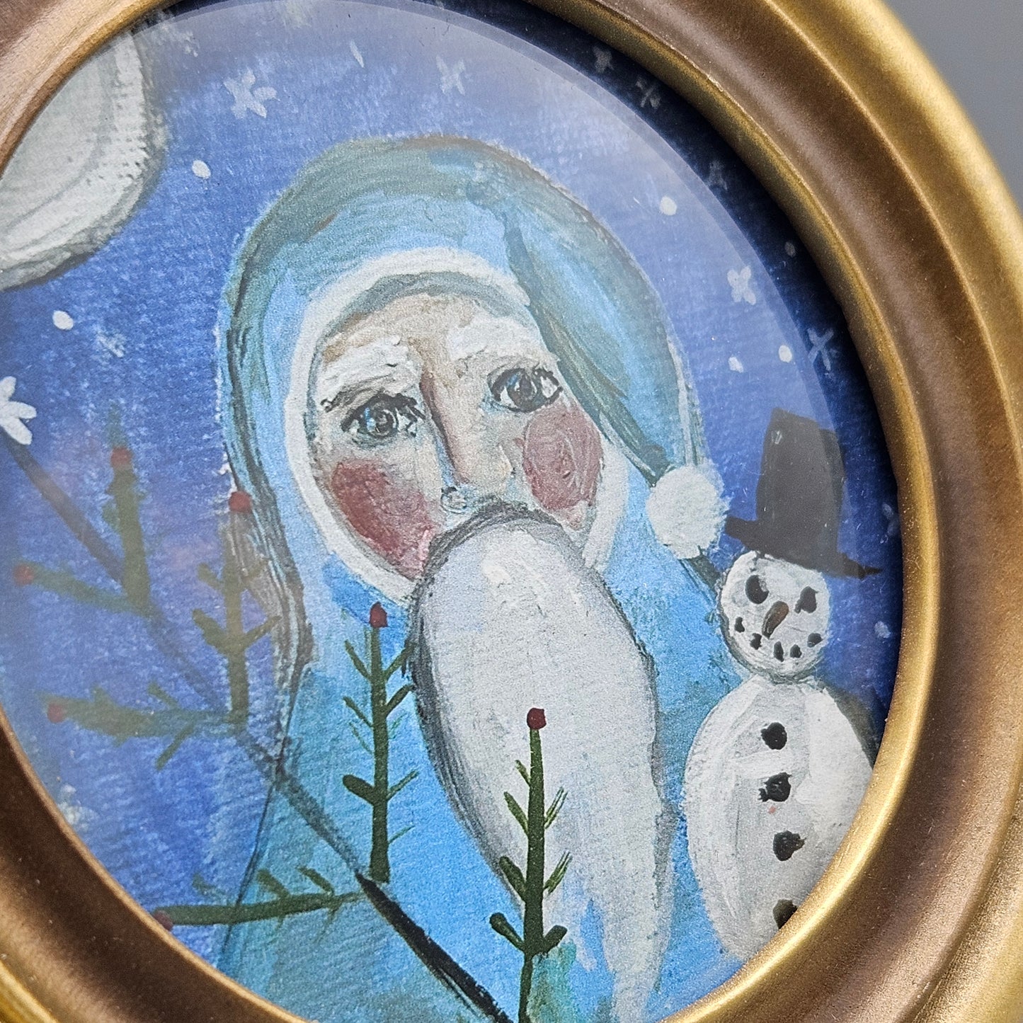 Miniature New England Folk Art Giclée Artwork of Santa Claus in Round Frame