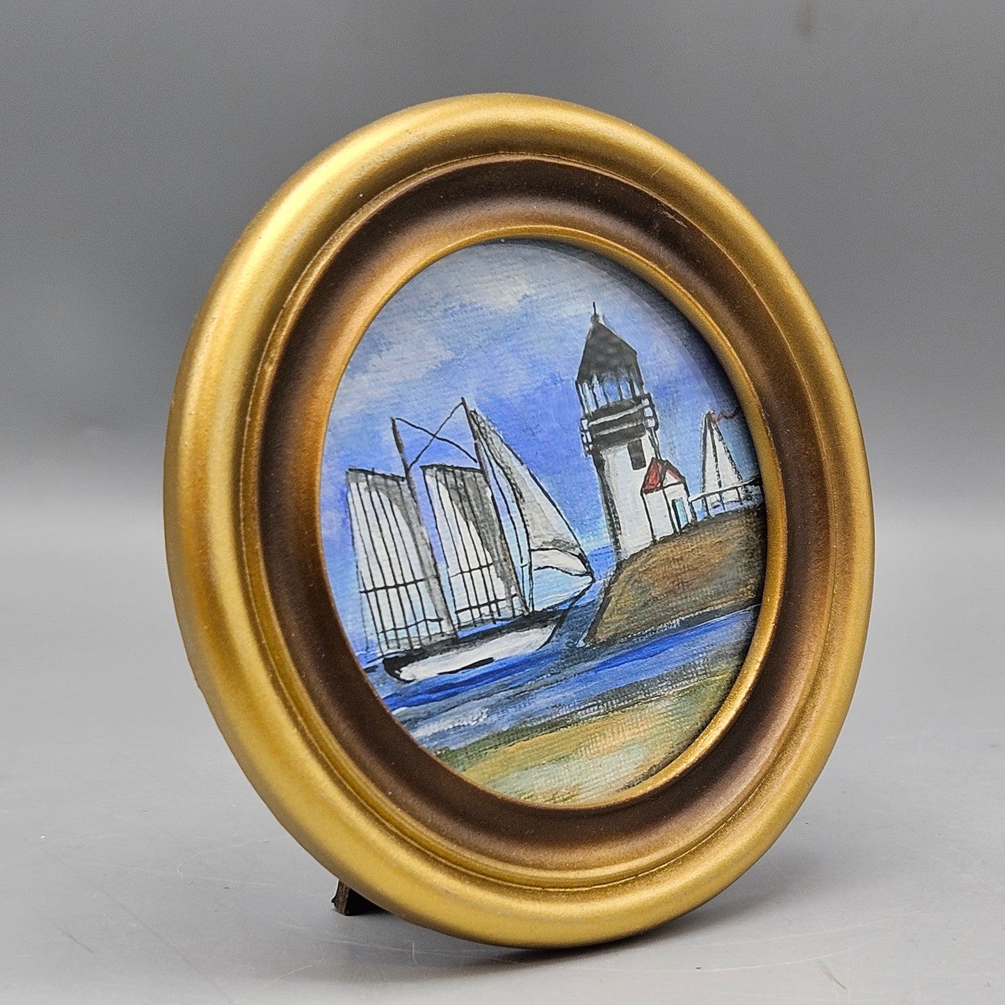 Miniature New England Folk Art Giclée Artwork of Ship in Round Frame