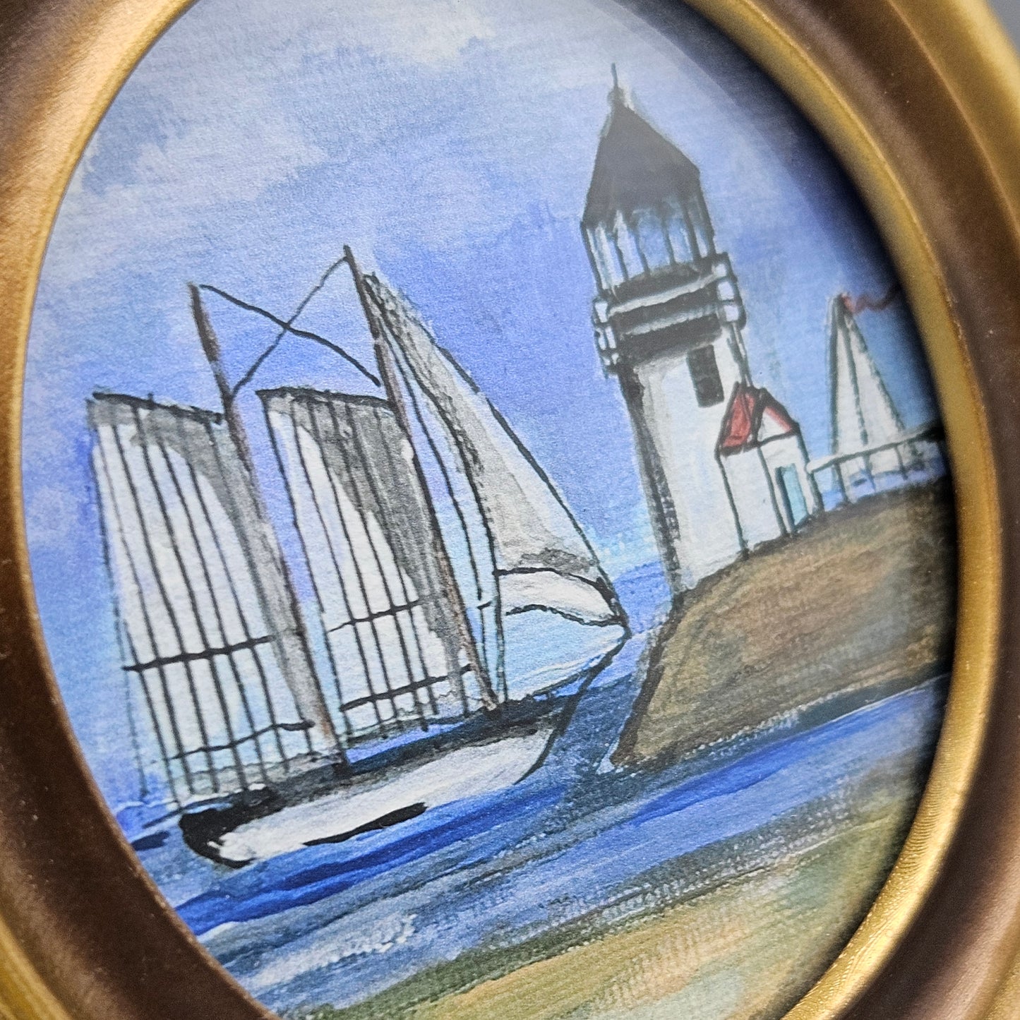 Miniature New England Folk Art Giclée Artwork of Ship in Round Frame