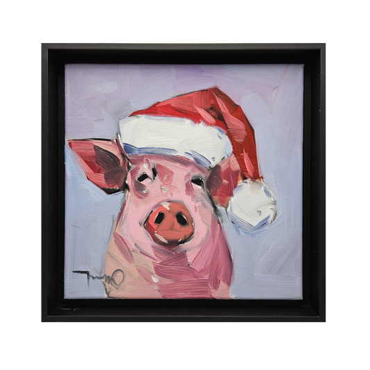 Jose Trujillo Oil Painting on Canvas "Holly Jolly Piggy" Pig in Santa Hat