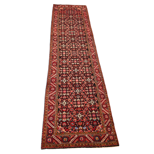 100% Wool Antique Hand Knotted Multi Colored Runner Rug ~ 3' 7" x 13' 6"