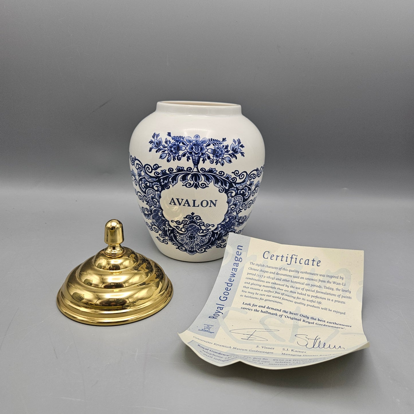 "Avalon" New Jersey Royal Goedewaagen Delft Tobacco Jar with Brass Lid - Made in Holland