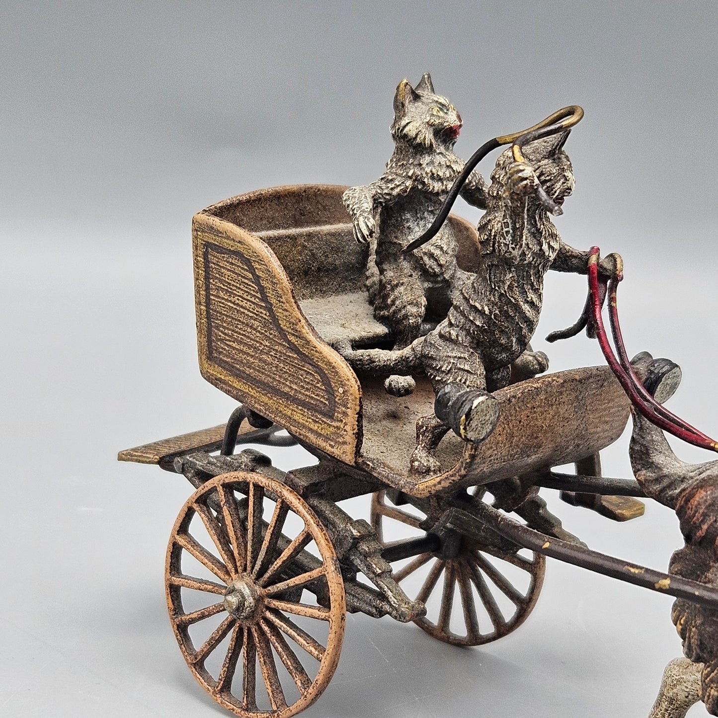 Antique Vienna Cold Painted Bronze Cats in Cart Pulled by a Goat Signed KK