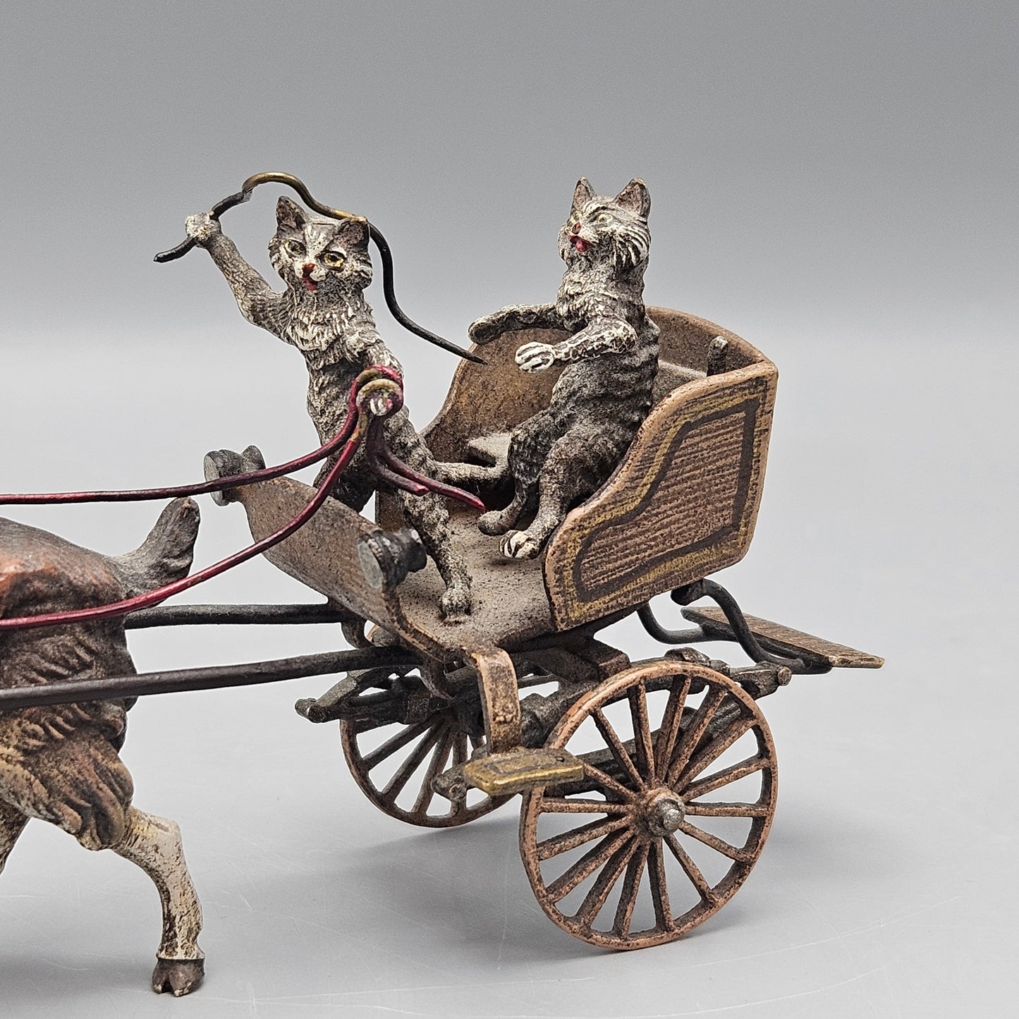 Antique Vienna Cold Painted Bronze Cats in Cart Pulled by a Goat Signed KK