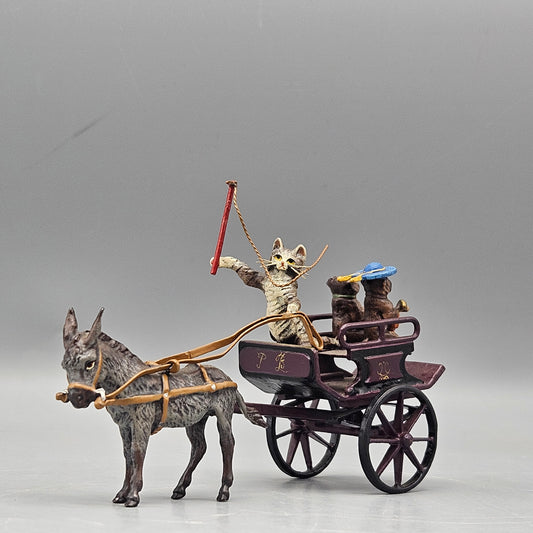 Antique Signed Bergman Cold Painted Vienna Bronze Cat Carriage Figural Group with Pug Dogs