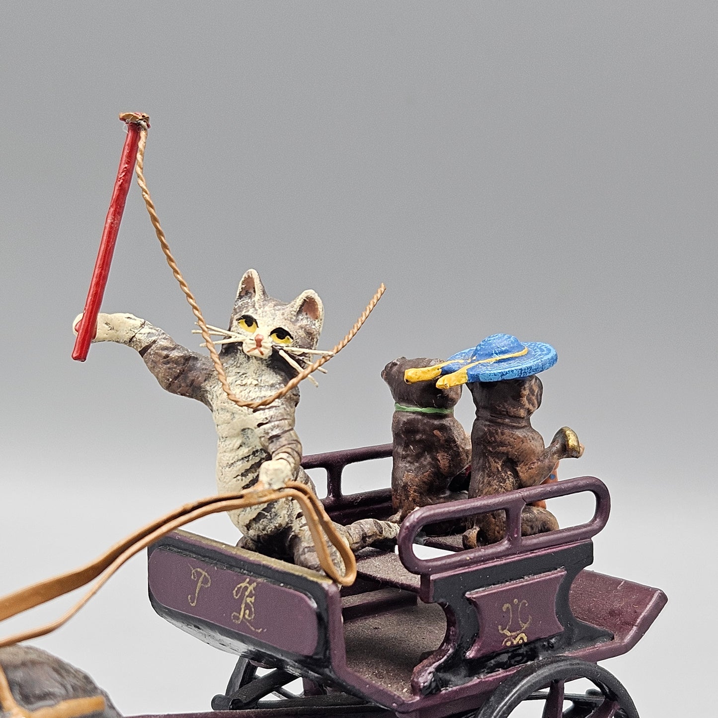 Antique Signed Bergman Cold Painted Vienna Bronze Cat Carriage Figural Group with Pug Dogs