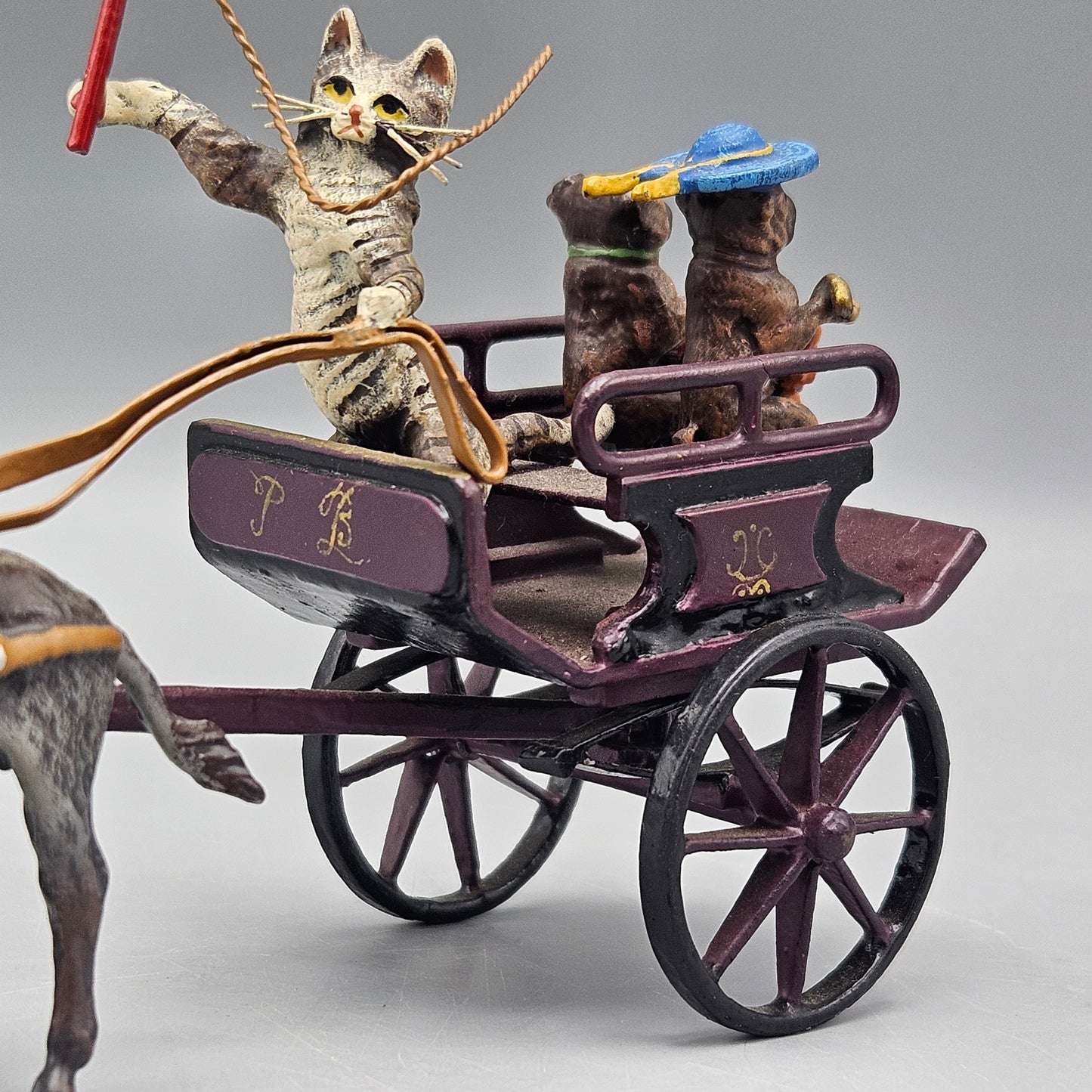 Antique Signed Bergman Cold Painted Vienna Bronze Cat Carriage Figural Group with Pug Dogs